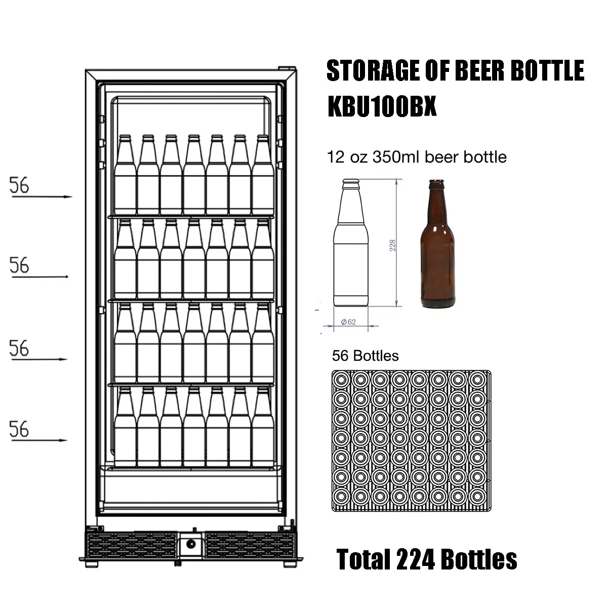 KingsBottle 56" Tall Beverage Fridge Center Freestanding Beverage Fridge KBU100BX-SS LHH KBU100BX-SS RHH