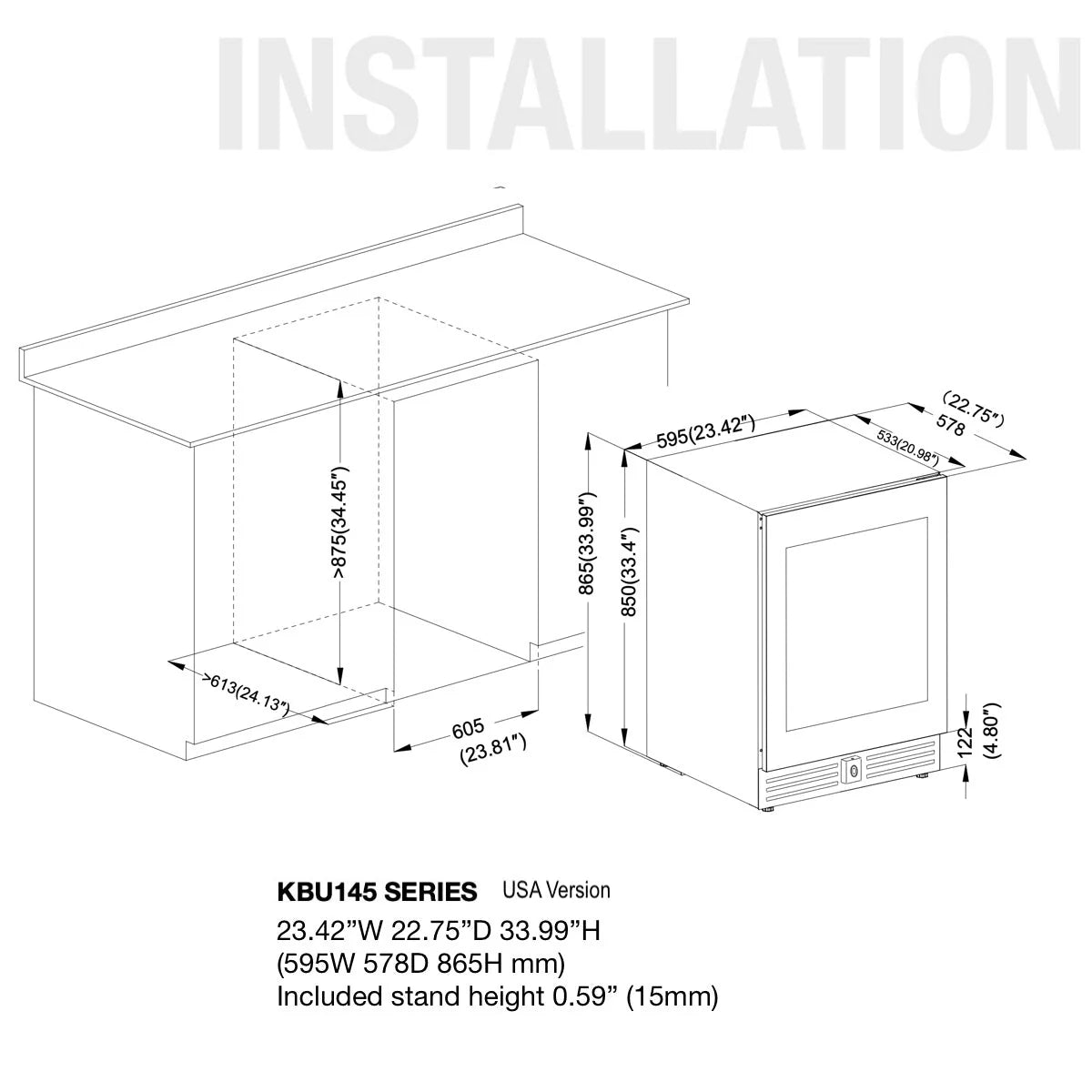 KingsBottle 48" Ultimate Under Bench Wine Fridge and Bar Refrigerator Combo WINE AND BEER COMBO KBU145BW3-FG KBU145BW3-SS