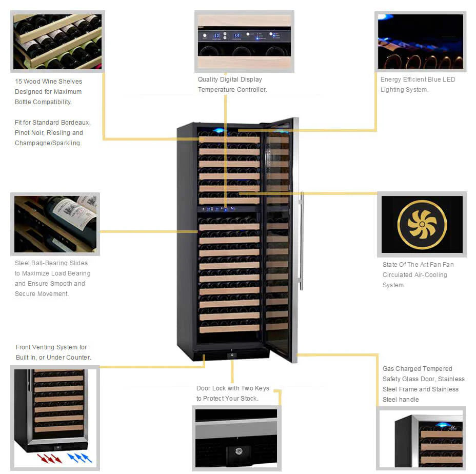 KingsBottle Tall Large Wine Refrigerator With Glass Door With Stainless Steel Trim ﻿Beverage Fridge KBU170DX-SS LHH  KBU170DX-SS RHH