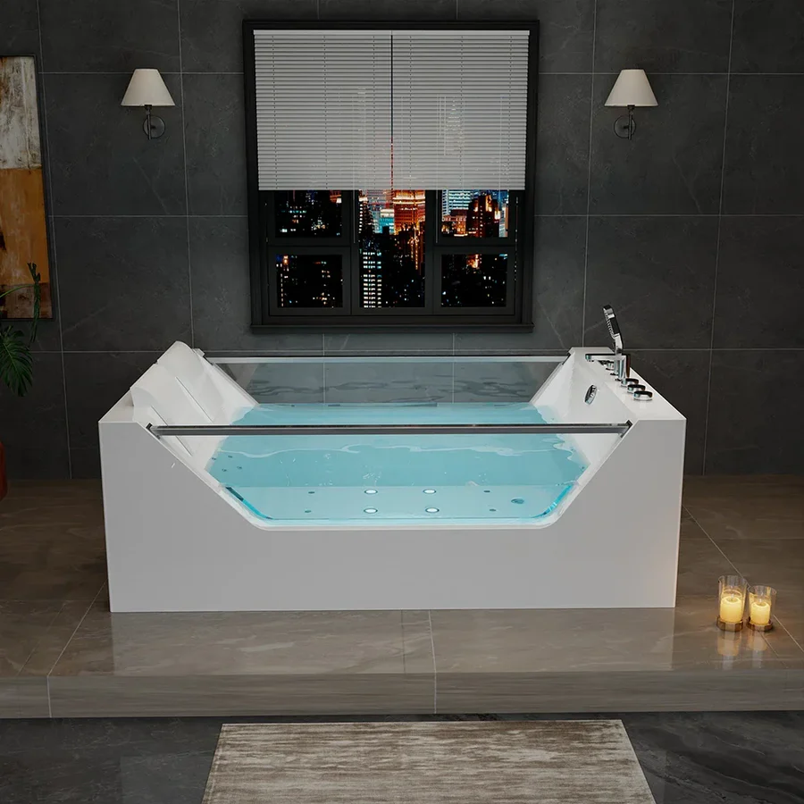 71" Freestanding Combo Massage Whirlpool Inline Heater 2-Person Bathtub with Dual Glass Design