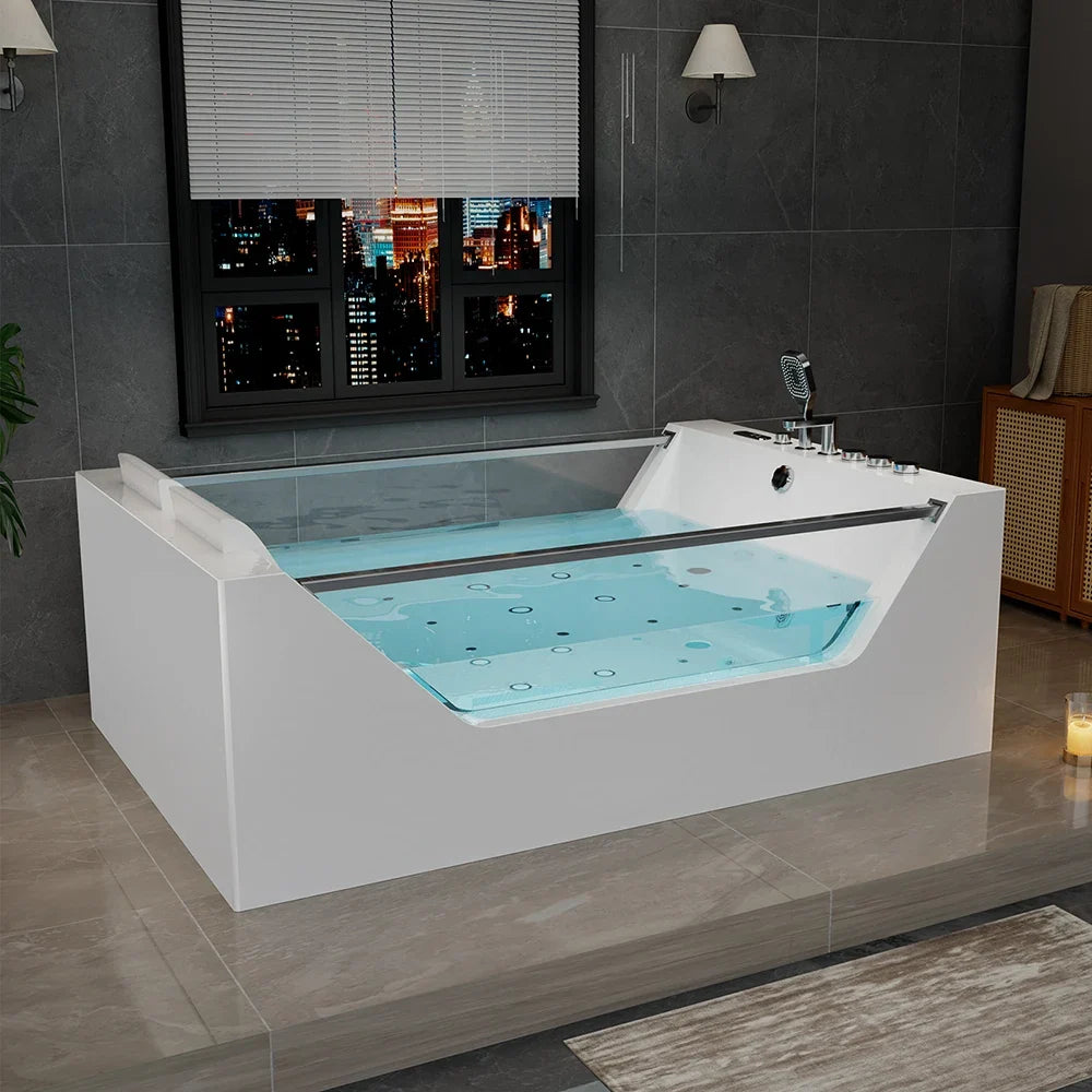 71" Freestanding Combo Massage Whirlpool Inline Heater 2-Person Bathtub with Dual Glass Design