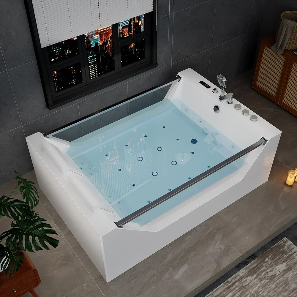 71" Freestanding Combo Massage Whirlpool Inline Heater 2-Person Bathtub with Dual Glass Design