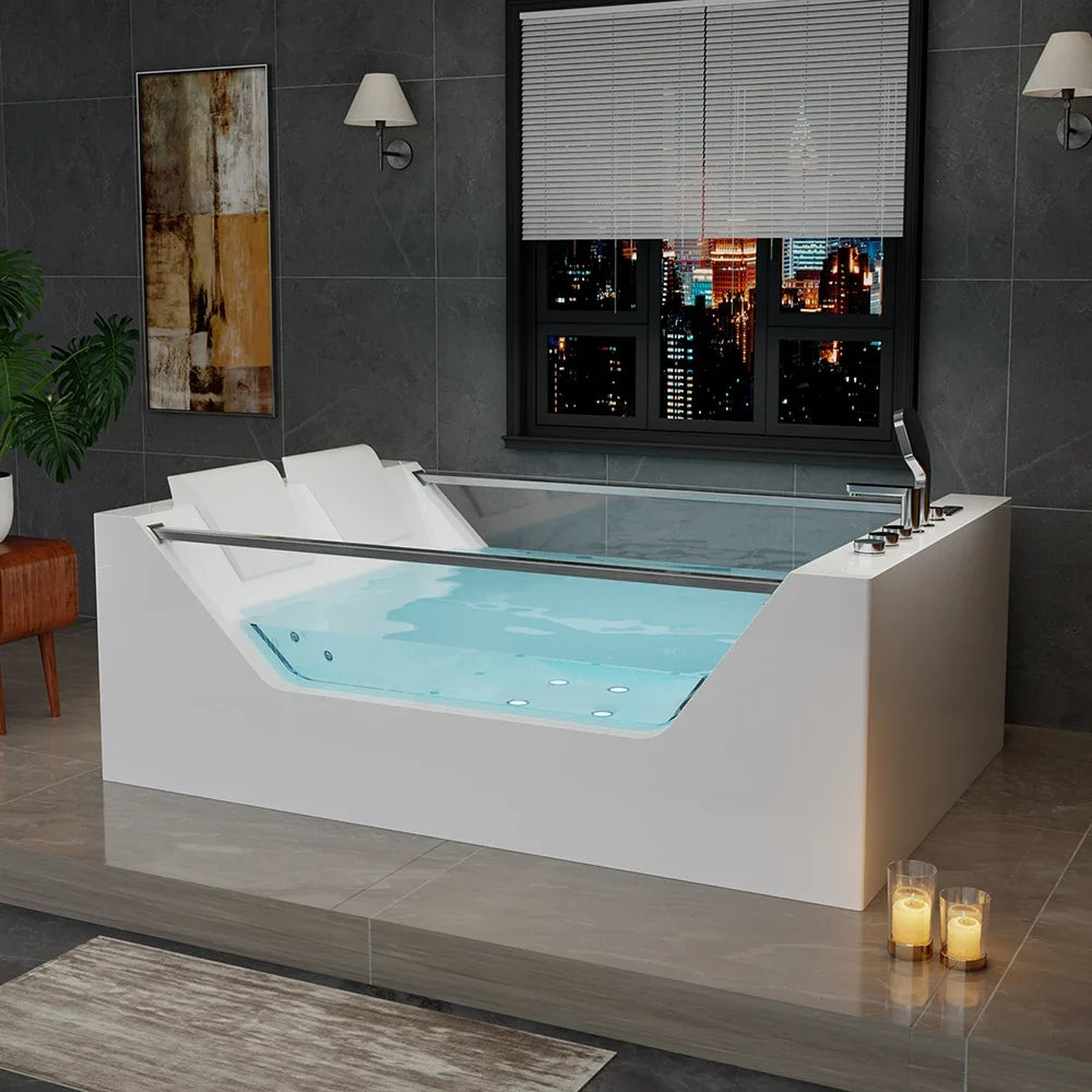 71" Freestanding Combo Massage Whirlpool Inline Heater 2-Person Bathtub with Dual Glass Design