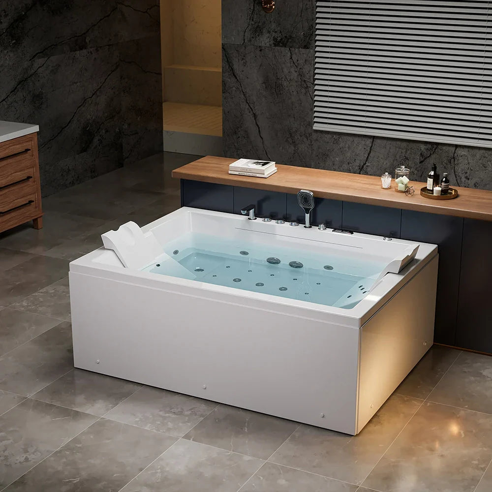 71" Alcove Inline Heater Combo Massage Whirlpool 2-Person Tub with Waterfall