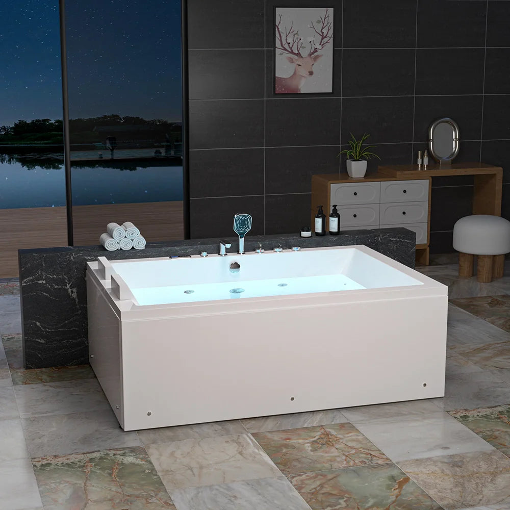 71" Alcove Dual Massage Whirlpool Inline Heater 2-Person Bathtub with Center Drain