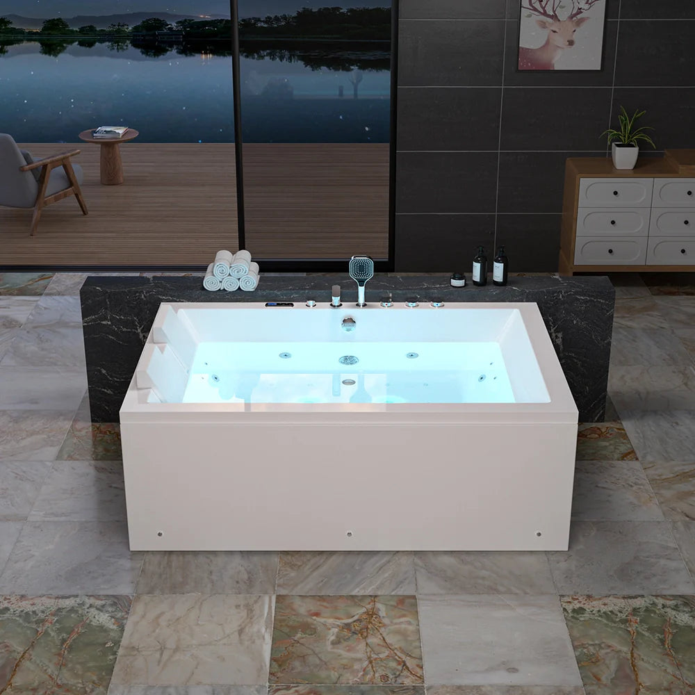 71" Alcove Dual Massage Whirlpool Inline Heater 2-Person Bathtub with Center Drain