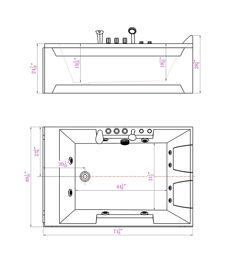 72" Alcove Whirlpool LED Bathtub for 2 Persons with Left Drain