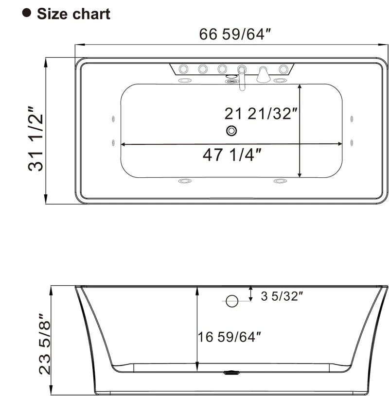 67" Freestanding Rectangle Whirlpool Bathtub with Center Drain