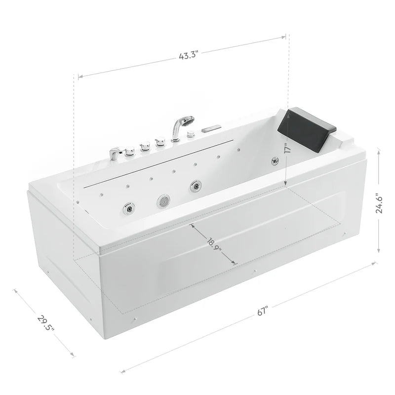 67" Alcove Combination Massage Inline Heater LED Tub with Left Drain