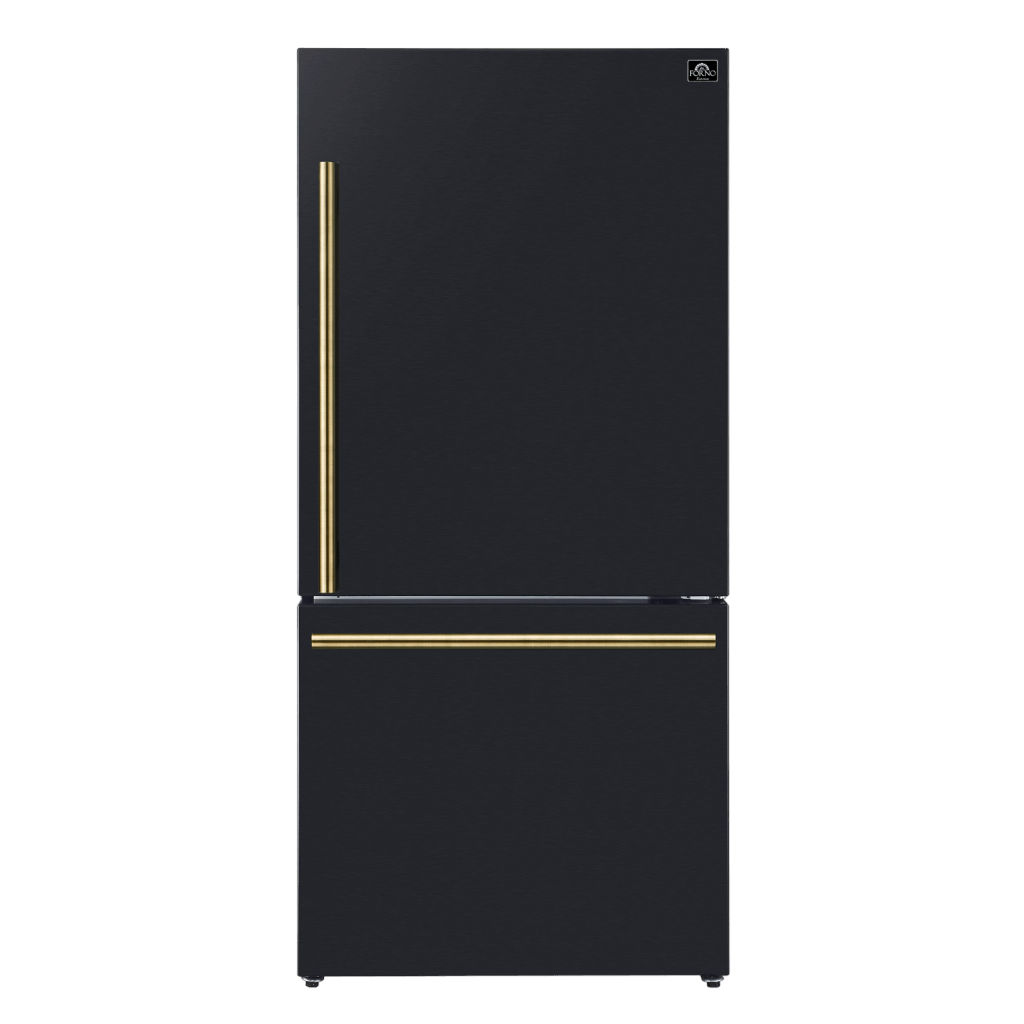 FORNO 31″ Milano Espresso Bottom Freezer Right Swing Door Refrigerator in Black, 17.2 cu. ft. Additionnal Antique Brass Handles Included