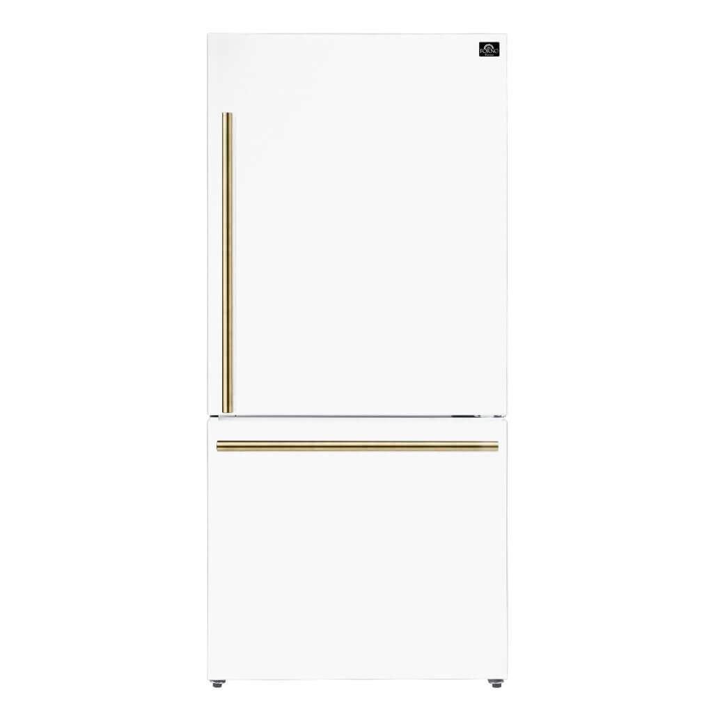 FORNO 31″ Milano Espresso Bottom Freezer Right Swing Door Refrigerator in White, 17.2 cu. ft. Additionnal Antique Brass Handles Included
