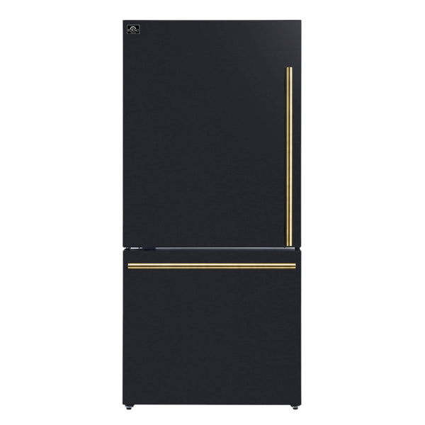 FORNO 31″ Milano Espresso Bottom Freezer Black, 17.2 cu.ft. Ice Maker, Antique Brass Handles