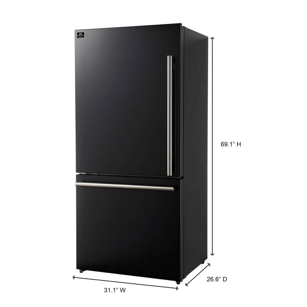 FORNO 31″ Milano Espresso Bottom Freezer Black, 17.2 cu.ft. Ice Maker, Antique Brass Handles