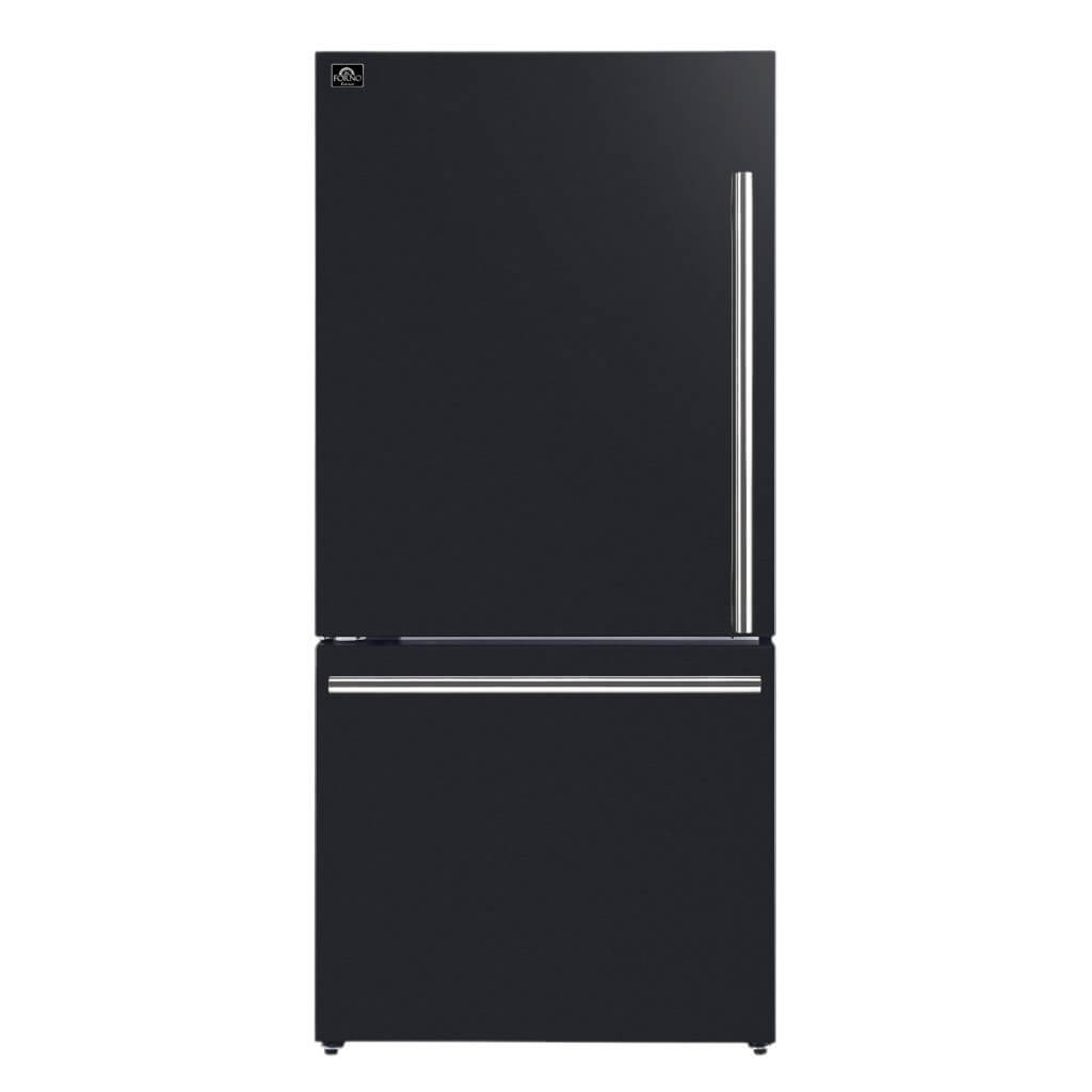 FORNO 31″ Milano Espresso Bottom Freezer Black, 17.2 cu.ft. Ice Maker, Antique Brass Handles
