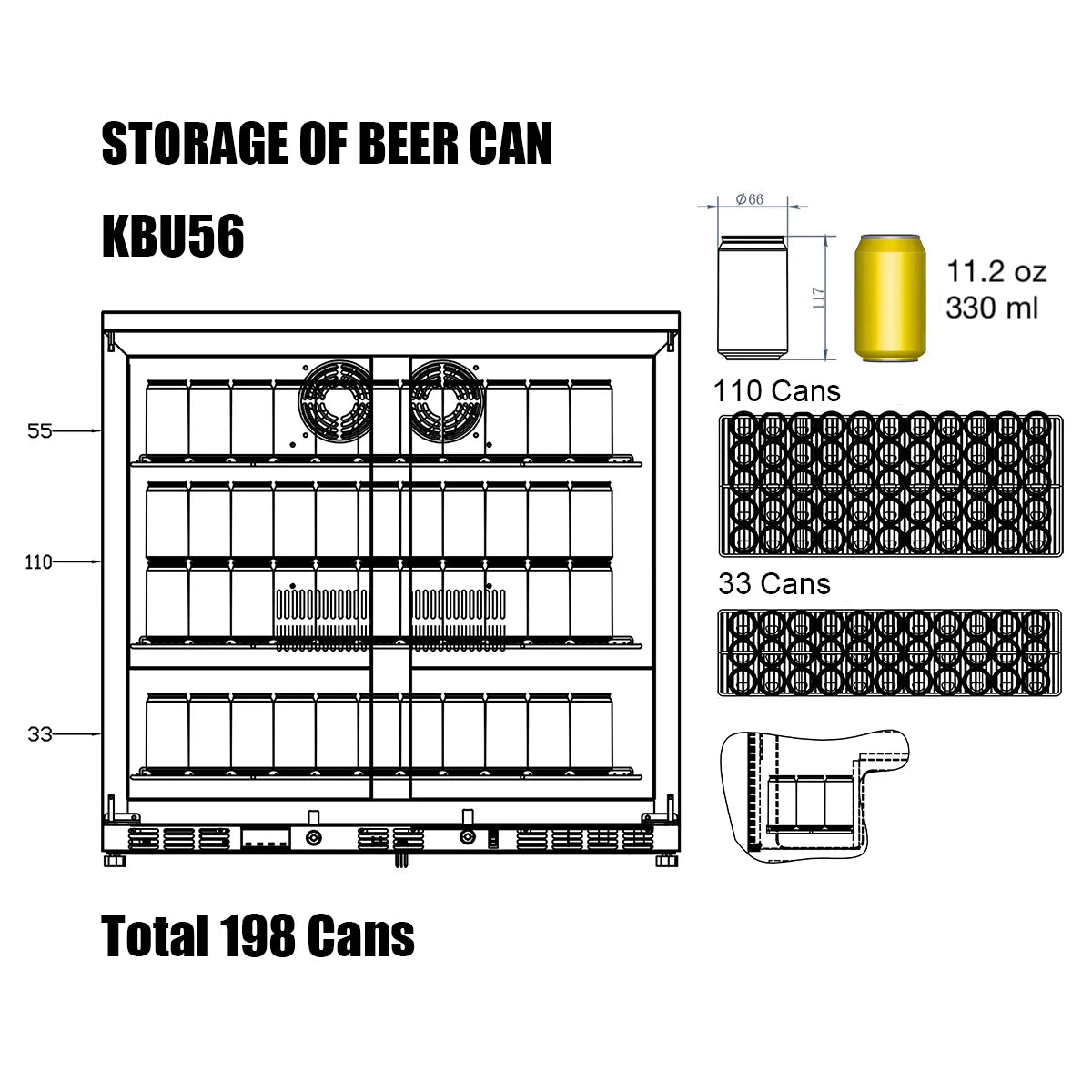 KingsBottle 36 Inch Heating Glass 2 Door Built In Beverage Fridge Beverage Fridge  KBU56M