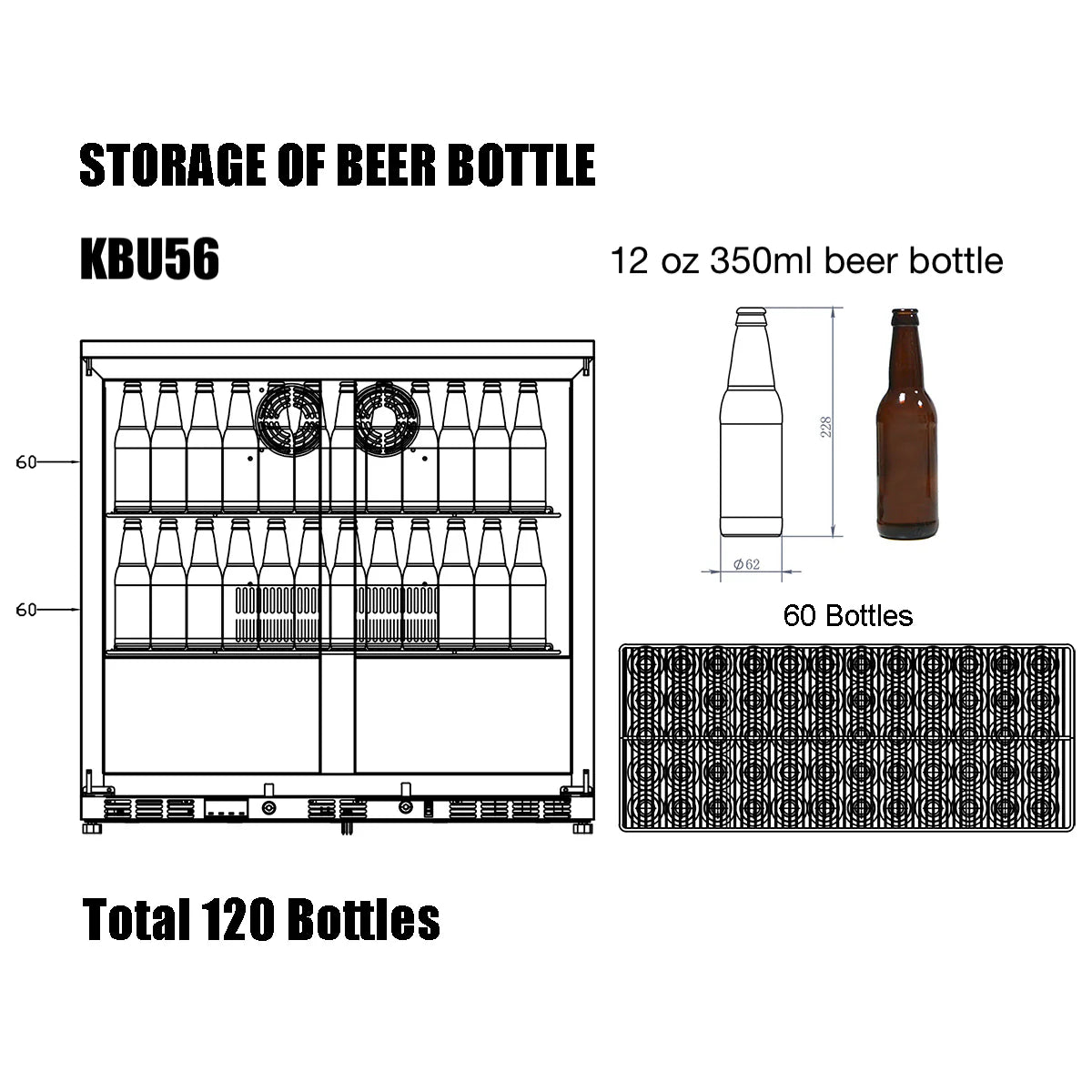 KingsBottle 36 Inch Heating Glass 2 Door Built In Beverage Fridge Beverage Fridge  KBU56M
