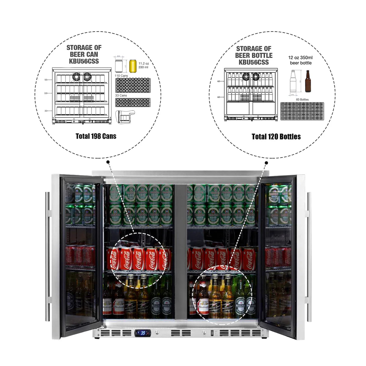 KingsBottle 36 Inch Heating Glass 2 Door Built In Beverage Fridge Beverage Fridge  KBU56M