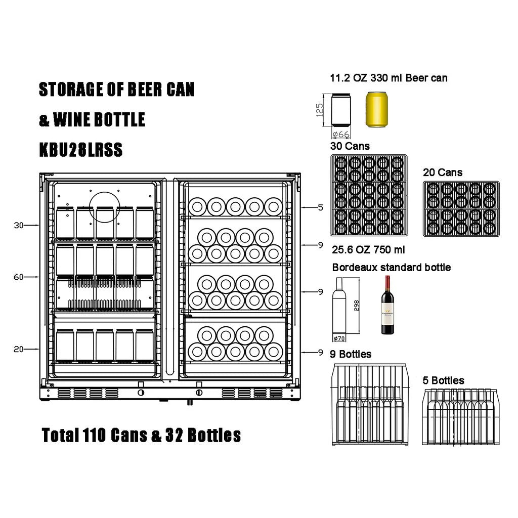 KingsBottle 39 Inch Under Counter Wine And Beer Fridge Combo KBU28LRX-BLK KBU28LRX-SS Beverage Fridge