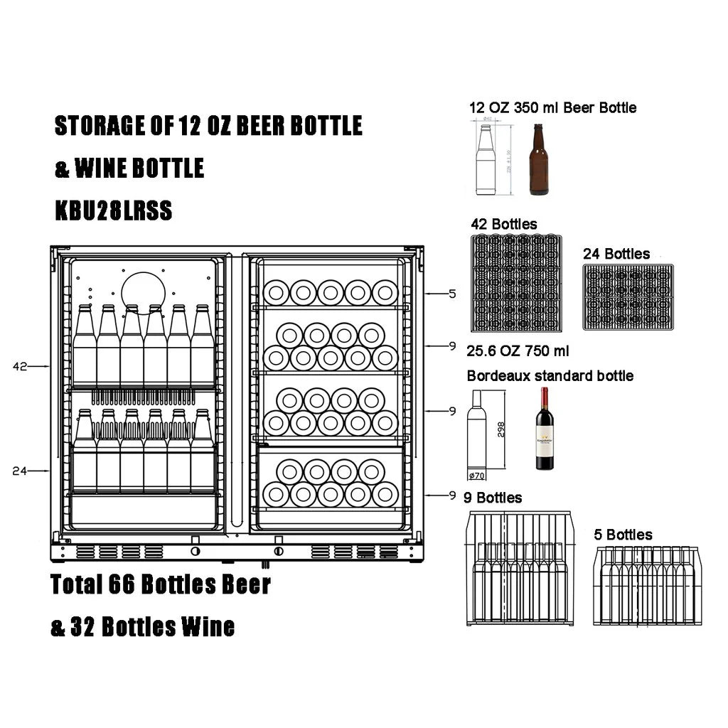 KingsBottle 39 Inch Under Counter Wine And Beer Fridge Combo KBU28LRX-BLK KBU28LRX-SS Beverage Fridge