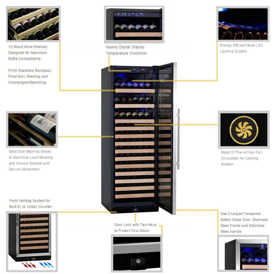 KingsBottle 166 Bottle Large Wine Cooler Refrigerator Drinks Cabinet Beverage Fridge KBU170WX-FG LHH KBU170WX-FG RHH KBU170WX-SS LHH  KBU170WX-SS RHH
