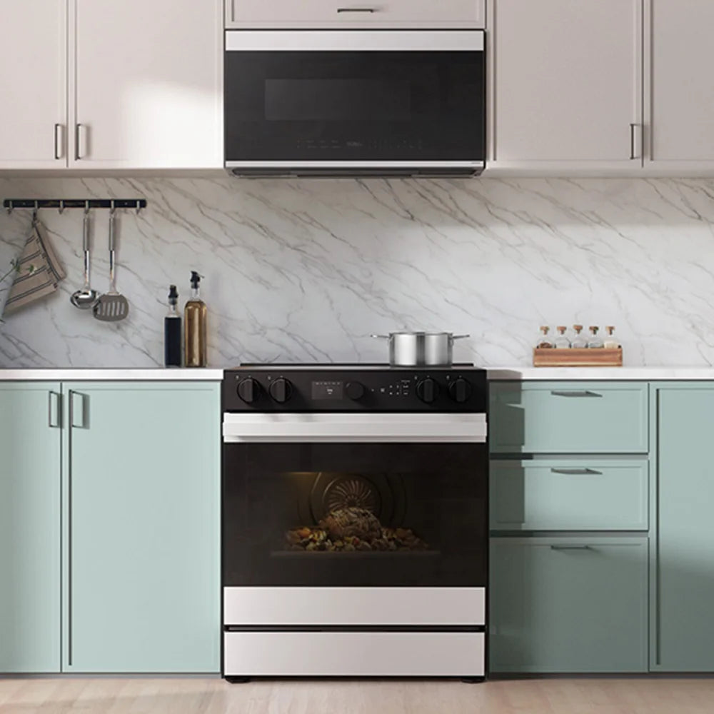 Bespoke 6.3 cu. ft. Smart Slide-In Electric Range with Smart Oven Camera & Illuminated Precision Knobs in White Glass