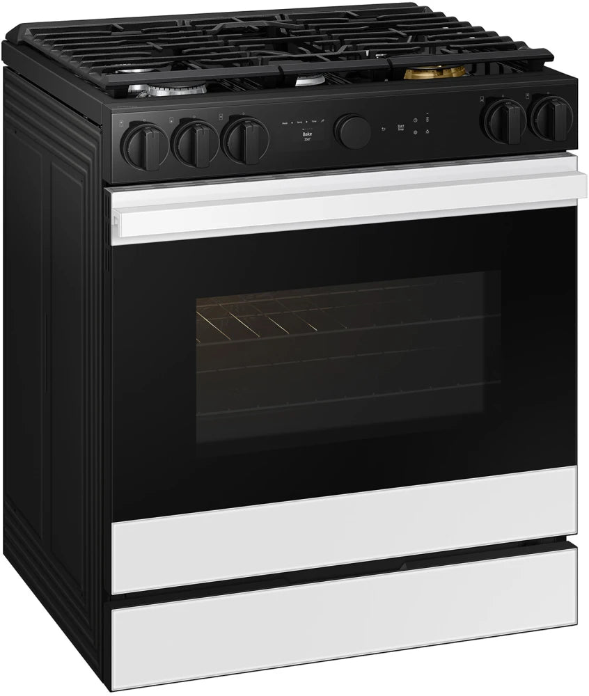 Bespoke 6.0 cu. ft. Smart Slide-In Gas Range with Smart Oven Camera & Illuminated Precision Knobs in White Glass