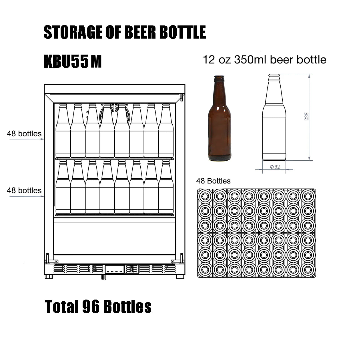 KingsBottle 24 Inch Under Counter Beer Cooler Drinks Stainless Steel Beverage Fridge KBU55M LHH KBU55M RHH