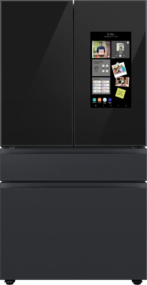 Bespoke 4-Door French Door Refrigerator (23 cu. ft.) – with Top Left and Family Hub™ Panel in Charcoal Glass - and Matte Black Steel Middle and Bottom Panels