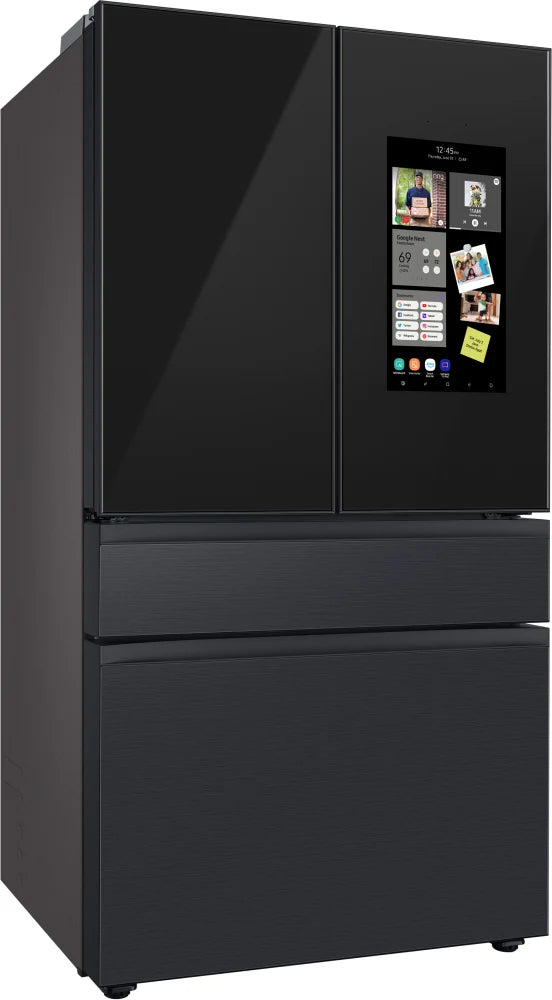 Bespoke 4-Door French Door Refrigerator (23 cu. ft.) – with Top Left and Family Hub™ Panel in Charcoal Glass - and Matte Black Steel Middle and Bottom Panels
