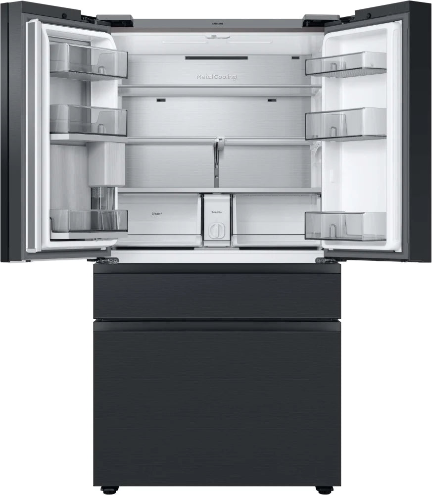 Bespoke 4-Door French Door Refrigerator (23 cu. ft.) – with Top Left and Family Hub™ Panel in Charcoal Glass - and Matte Black Steel Middle and Bottom Panels