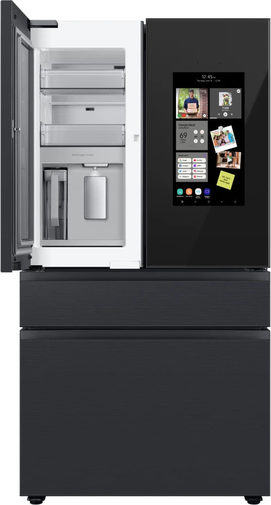 Bespoke 4-Door French Door Refrigerator (23 cu. ft.) – with Top Left and Family Hub™ Panel in Charcoal Glass - and Matte Black Steel Middle and Bottom Panels