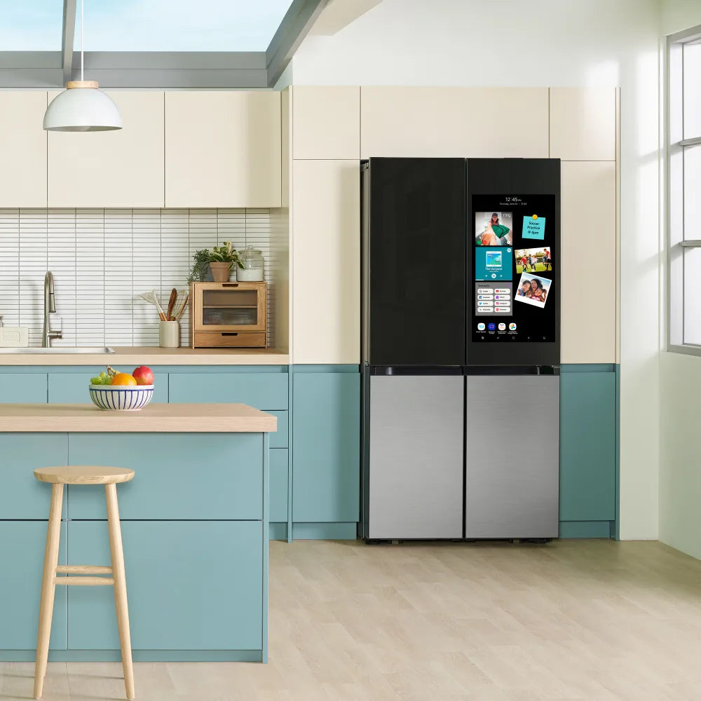Bespoke Counter Depth 4-Door Flex™ Refrigerator (23 cu. ft.) with Family Hub™ + in Charcoal Glass Top and Stainless Steel Bottom Panels