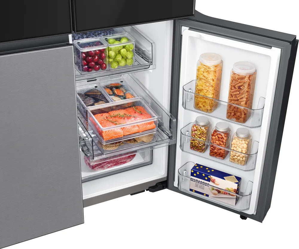 Bespoke Counter Depth 4-Door Flex™ Refrigerator (23 cu. ft.) with Family Hub™ + in Charcoal Glass Top and Stainless Steel Bottom Panels