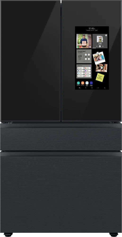 Bespoke 4-Door French Door Refrigerator (29 cu. ft.) – with Top Left and Family Hub™ Panel in Charcoal Glass - and Matte Black Steel Middle and Bottom Door Panels