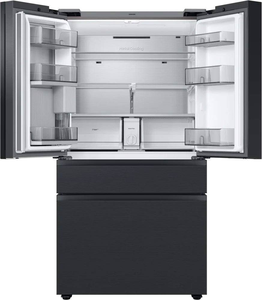 Bespoke 4-Door French Door Refrigerator (29 cu. ft.) – with Top Left and Family Hub™ Panel in Charcoal Glass - and Matte Black Steel Middle and Bottom Door Panels