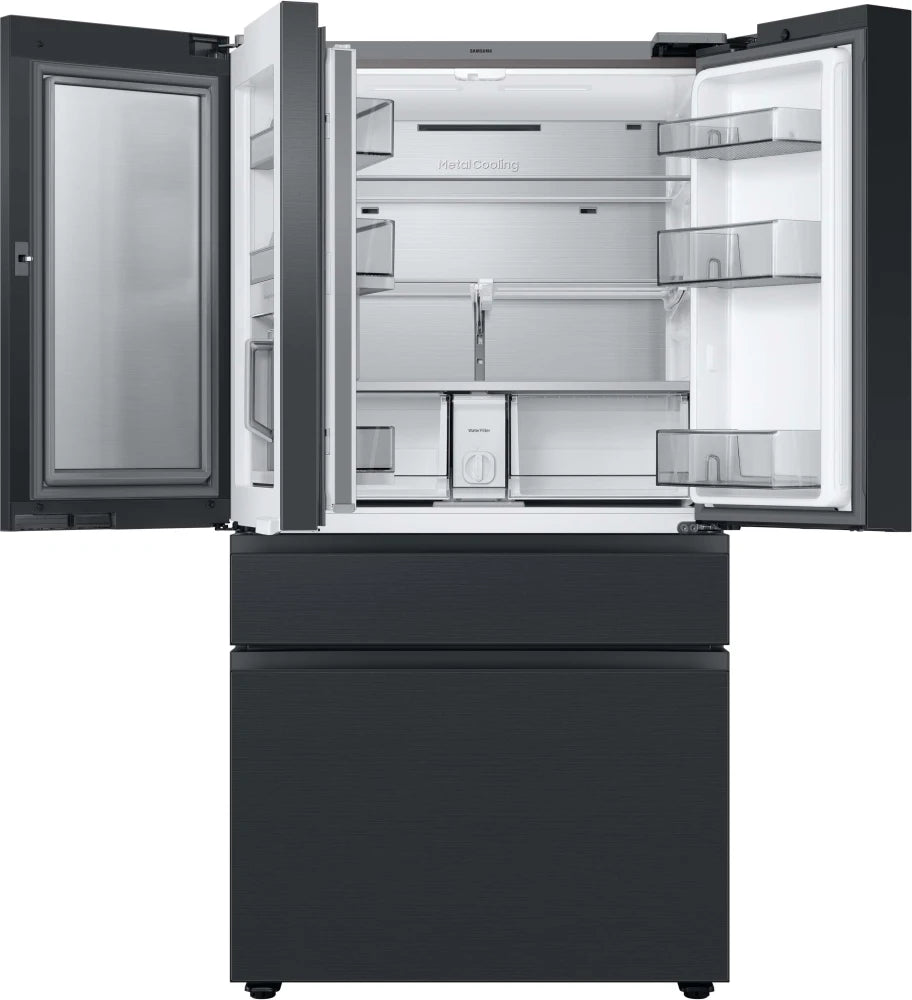 Bespoke 4-Door French Door Refrigerator (29 cu. ft.) – with Top Left and Family Hub™ Panel in Charcoal Glass - and Matte Black Steel Middle and Bottom Door Panels