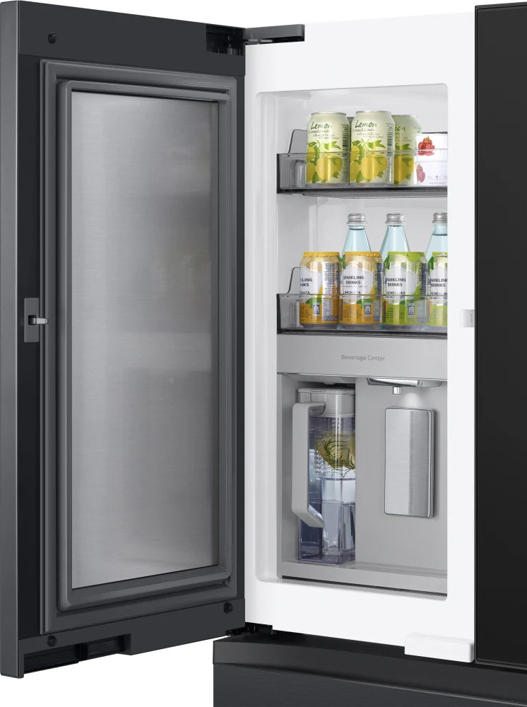 Bespoke 4-Door French Door Refrigerator (29 cu. ft.) – with Top Left and Family Hub™ Panel in Charcoal Glass - and Matte Black Steel Middle and Bottom Door Panels