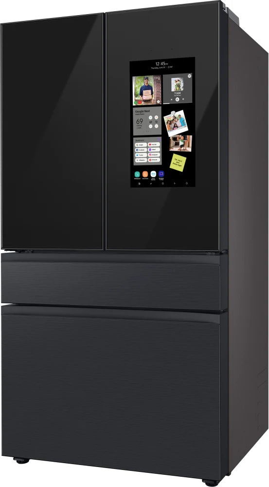 Bespoke 4-Door French Door Refrigerator (29 cu. ft.) – with Top Left and Family Hub™ Panel in Charcoal Glass - and Matte Black Steel Middle and Bottom Door Panels