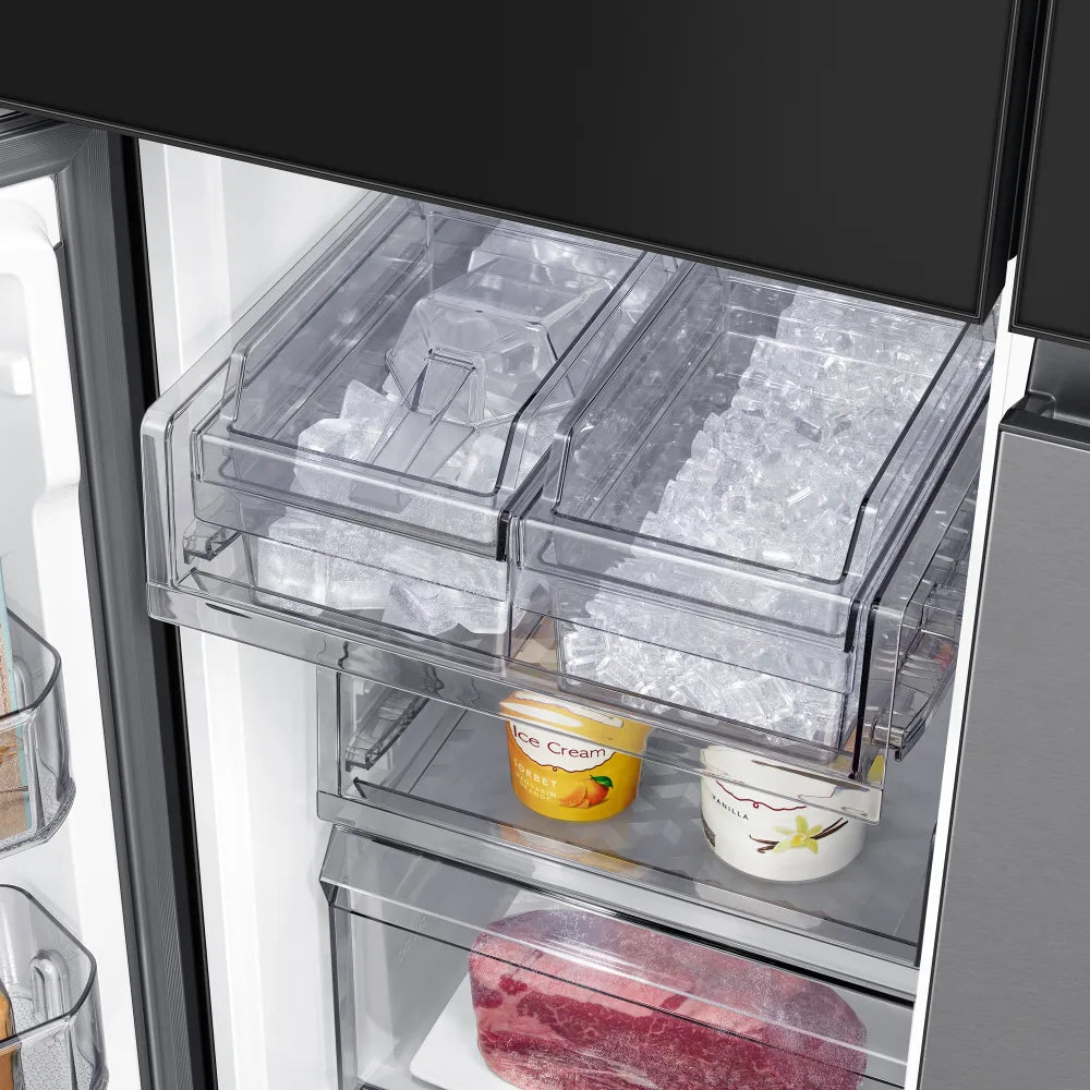 Bespoke 4-Door Flex™ Refrigerator (29 cu. ft.) with Family Hub™+ in Charcoal Glass Top and Stainless Steel Bottom Panels