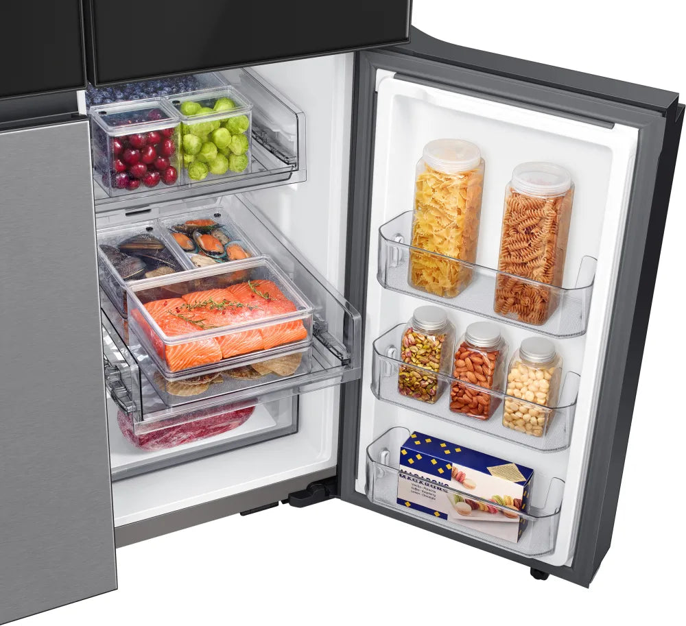 Bespoke 4-Door Flex™ Refrigerator (29 cu. ft.) with Family Hub™+ in Charcoal Glass Top and Stainless Steel Bottom Panels