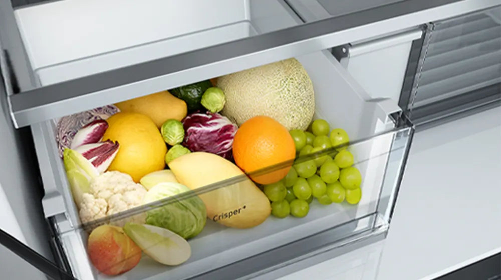Bespoke Counter Depth 4-Door Flex™ Refrigerator (23 cu. ft.) with Family Hub™ + in Charcoal Glass Top and Stainless Steel Bottom Panels