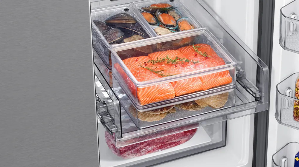 Bespoke Counter Depth 4-Door Flex™ Refrigerator (23 cu. ft.) with Family Hub™ + in Charcoal Glass Top and Stainless Steel Bottom Panels