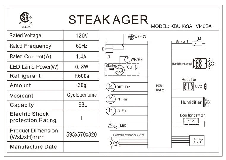 KingsBottle Glass Door Home and Commercial Upright Steak Ager Refrigerator KBU180SA-SS LHH  KBU180SA-SS RHH