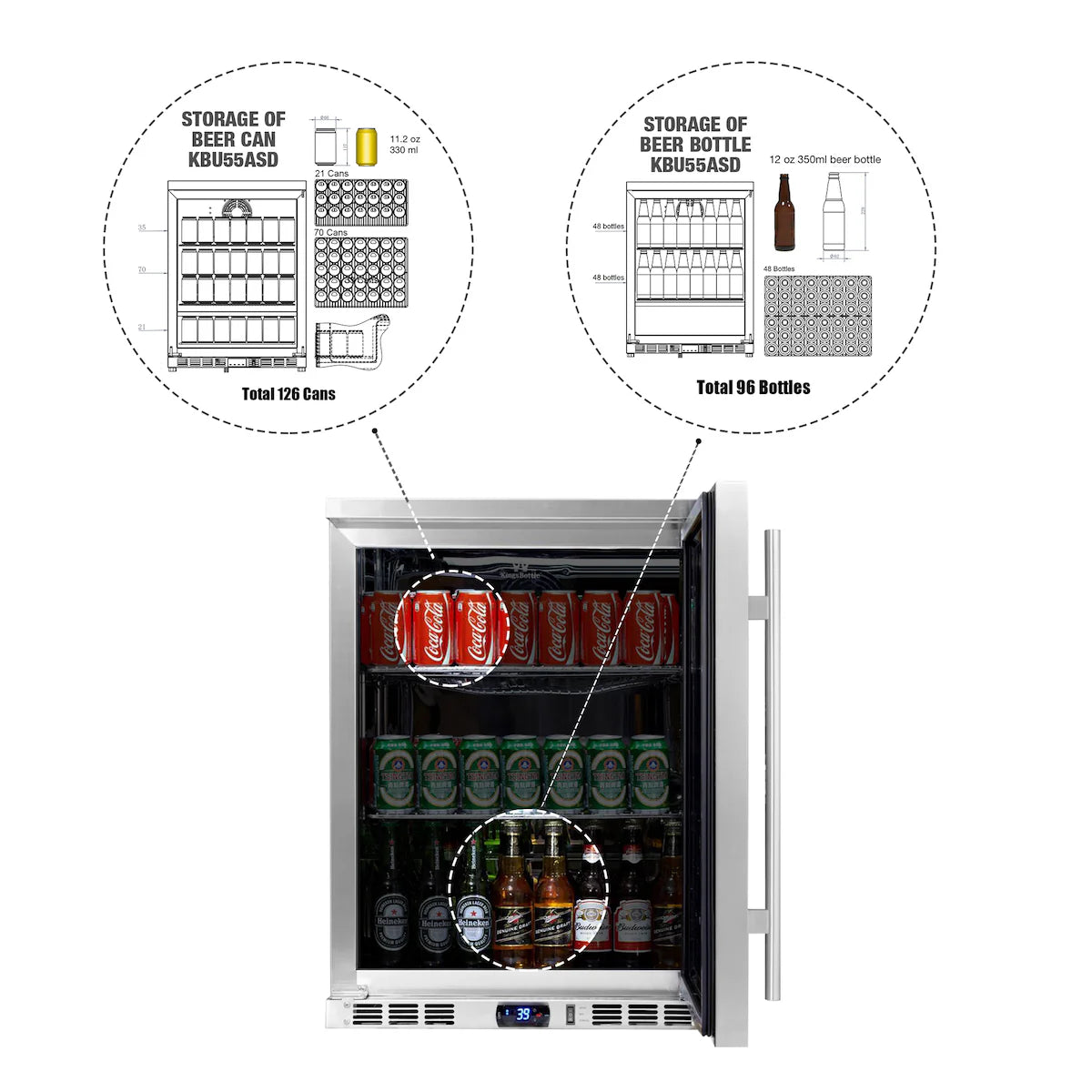 KingsBottle 24 Inch Under Counter Beer Cooler Drinks Stainless Steel Beverage Fridge KBU55M LHH KBU55M RHH